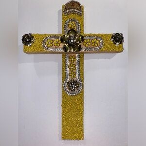 Yellow & Rhinestones Artisanal Wood Cross w/ Repurposed Jewelry Wall Deco